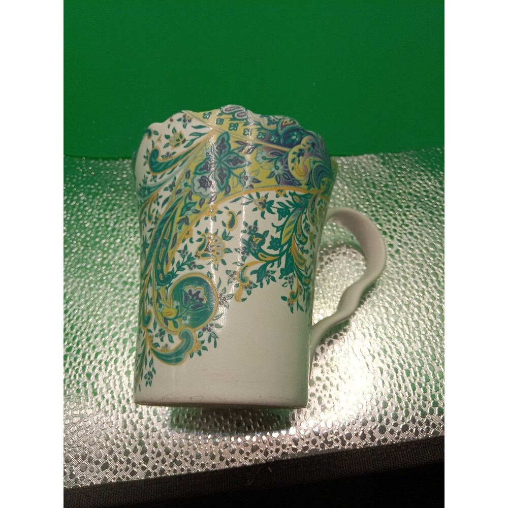 222 Fifth Surya porcelain coffee mug featuring a teal and yellow paisley pattern